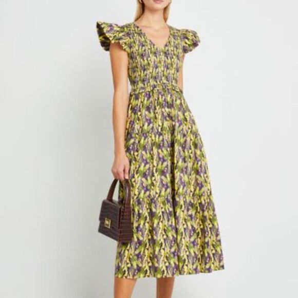 O.P.T  Midi Dress Smock Floral Watercolor Yellow Purple V-Neck Size Small - Picture 1 of 11